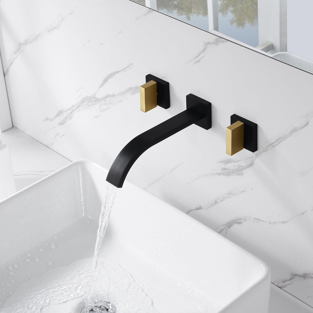 SUMERAIN Wall Mounted Faucet for Bathroom Sink Black and Gold Finish, Lavatory Basin Faucet with Two Handles and Rough in Valve