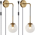 BOKT Mid Century Modern Globe Wall Sconce Lighting Set of Two Plug in Brushed Brass Gold Bathroom Wall Light Set of 2 Plug in Cord Clear Bubble Glass Ball Bedroom Wall Lamp(Clear)