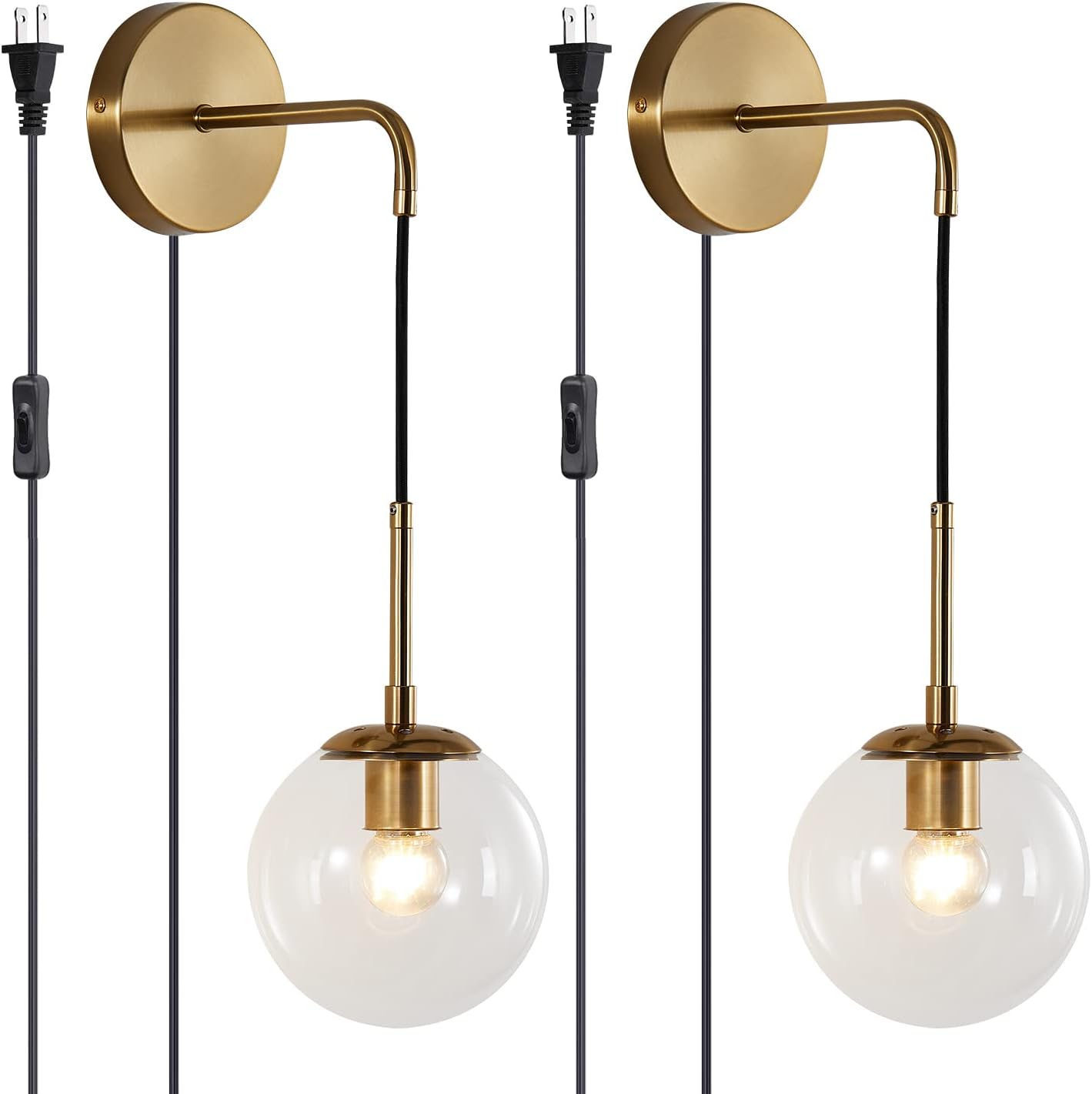 BOKT Mid Century Modern Globe Wall Sconce Lighting Set of Two Plug in Brushed Brass Gold Bathroom Wall Light Set of 2 Plug in Cord Clear Bubble Glass Ball Bedroom Wall Lamp(Clear)