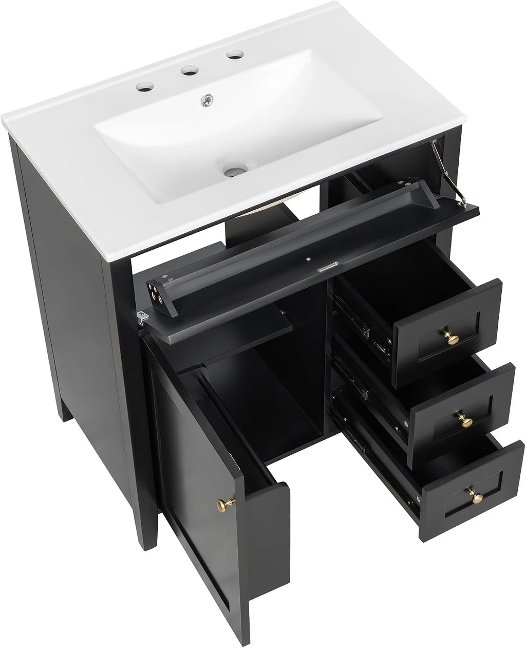 30-inch Bathroom Vanity with Sink Combo, Free-Standing Single Storage Cabinet with Tilt-Out Drawer, 3 Drawers, Adjustable Shelf & Storage Rack, Vanity with Ceramic Basin for Bathroom (Black)