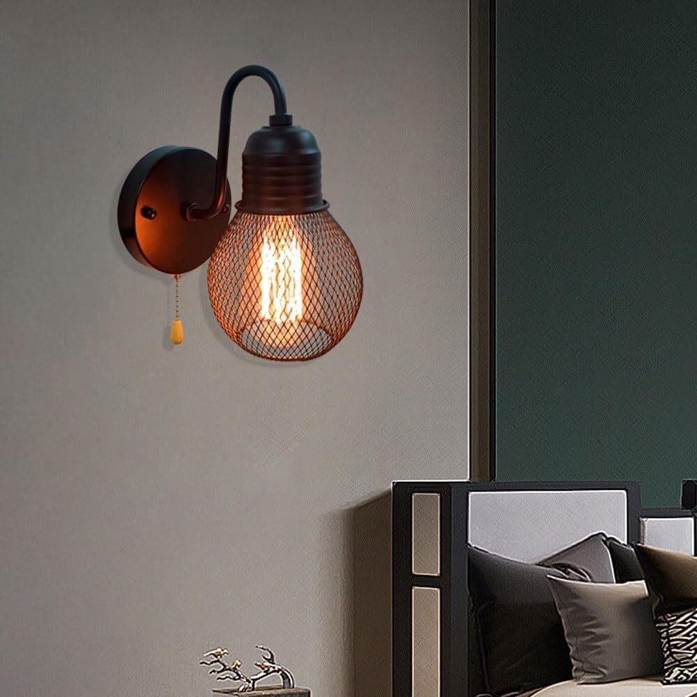 Wall Sconces for Bedroom Bathroom Mirror Light Black Wrought Iron Wall Lamp Personality Hollow Bedside Industrial Wind Small Iron Cage Light Bulb Lighting Fixture