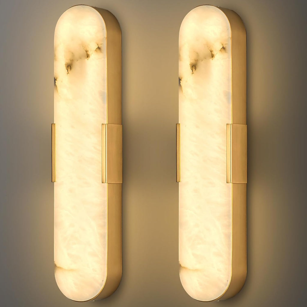 Gold Alabaster Wall Sconces Set of Two 20' Natural Marble LED Wall Lights, Mid Century Marble Wall Lamp Bathroom Vanity Indoor Alabaster Wall Lighting Fixtures for Bedroom Hallway Stairs
