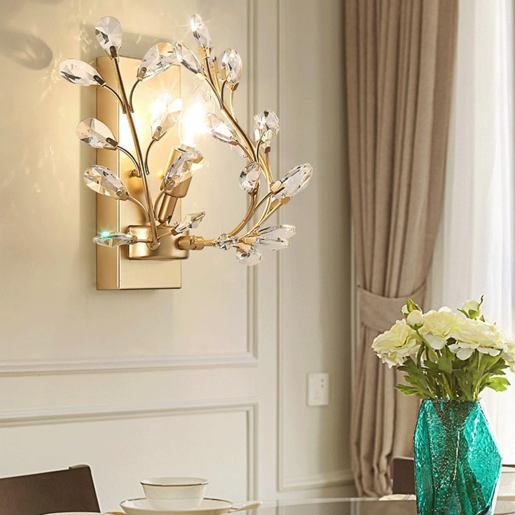 Wall Lighting Fixtures Creative Retro Crystal Wall Sconces Wrought Iron Crystal Branches Wall Light Wall Mounted Lighting Fixture for Dining Room Bathroom Bedroom Living Room Entryway ( Color : Gold )