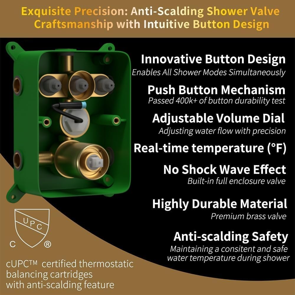 Brushed Gold Shower Fixtues Tub AYIVG Shower Faucet Set Combo Ceiling Mounted Shower System with 12 Inch Shower Head and Tub Spout Temperature Control Display Push Botton Shower Diverter Valve