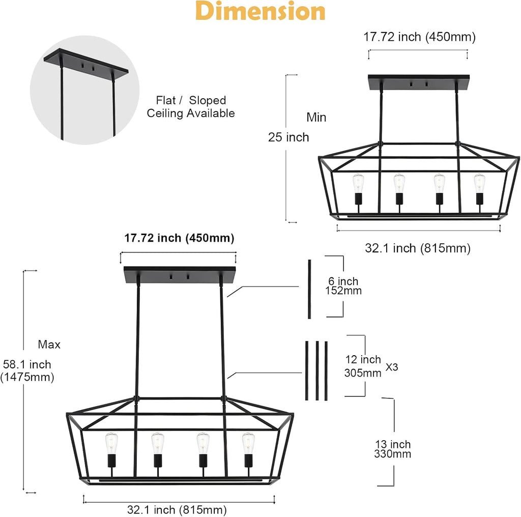 BONLICHT Kitchen Island Lighting 4 Lights in Matte Black Finish Farmhouse Chandelier Industrial Pendant Hanging Light Fixture for Dining Room Living Room Foyer