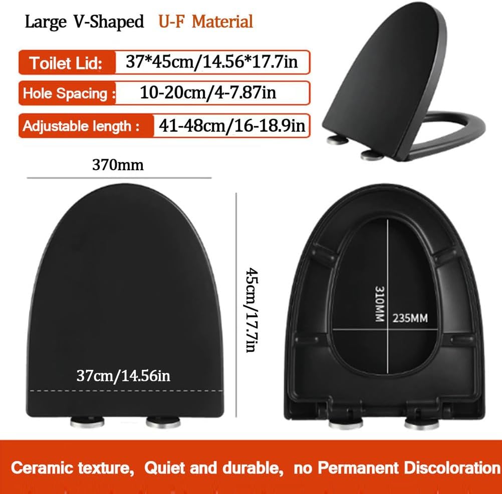 Wttfc Soft Close Toilet Seat,Black Toilet Seats with Adjustable Hinge,Toilet Lid Loo Cover for Family Bathroom with Assemble Fixtures,UF Material,Various Shapes,V Shaped