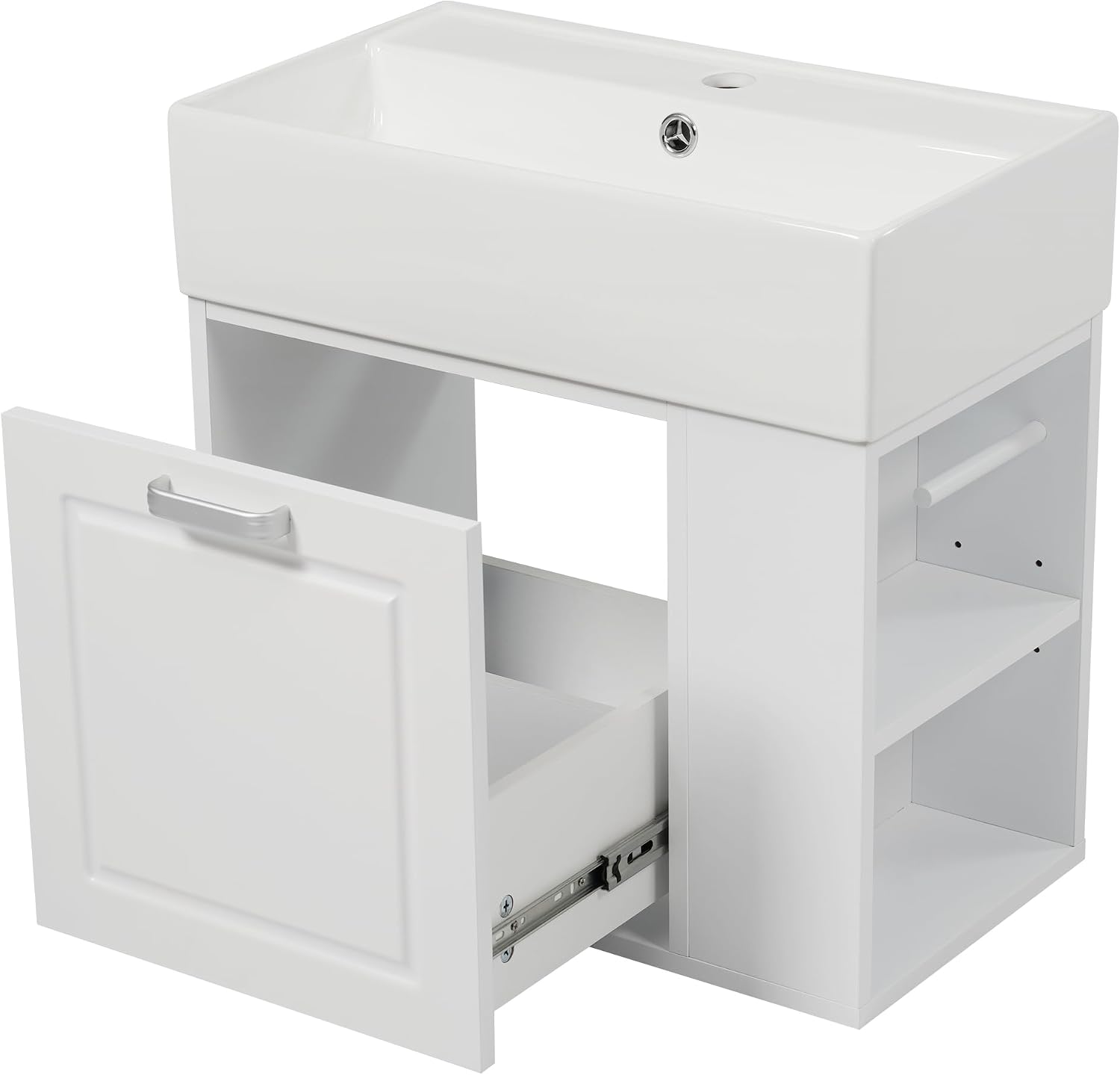 21.8-inch Bathroom Vanity with Sink, Wall-Mounted Single Storage Cabinet with One Big Drawer & Left Two-Tier Shelf, Solid Wood Vanity Organizer with Ceramic Sink for Bathroom, White