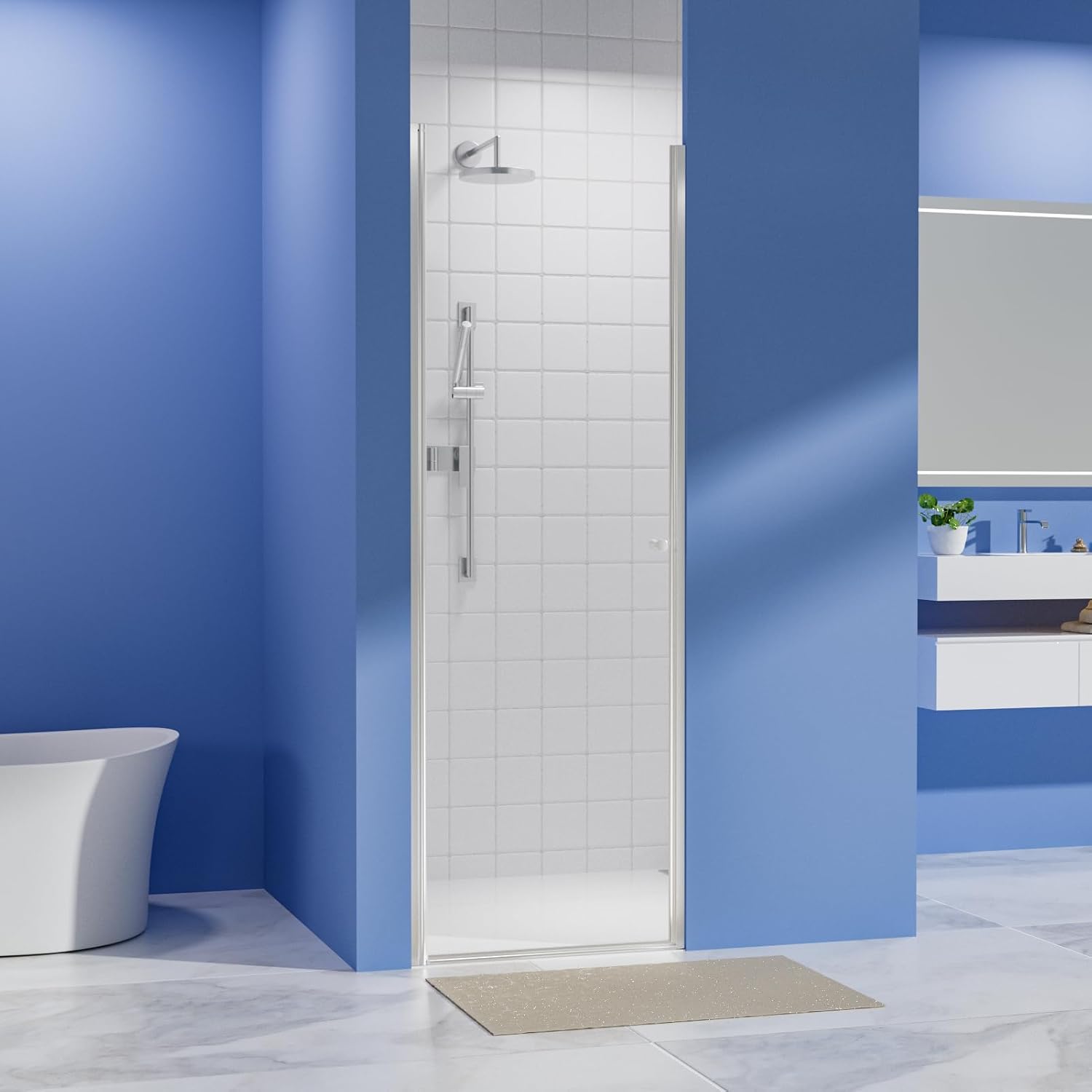 23-24' W x 72' H Semi-Frameless Chrome Shower Door, ANSI/SGCC Certified 6mm Clear Tempered Glass, Pivot Swing Bathroom Door with Reversible Installation, Waterproof for Small Space