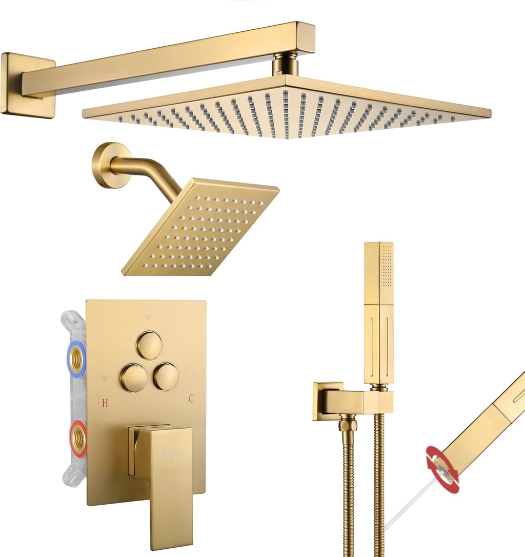 VANFOXLE Shower Faucet Set Brushed Gold Shower System, Push Button Diverter Shower Faucet with 2 in 1 Handheld, Wall Mount 10 Inch Shower Head Increased Thickness with 6 Inch Shower Head