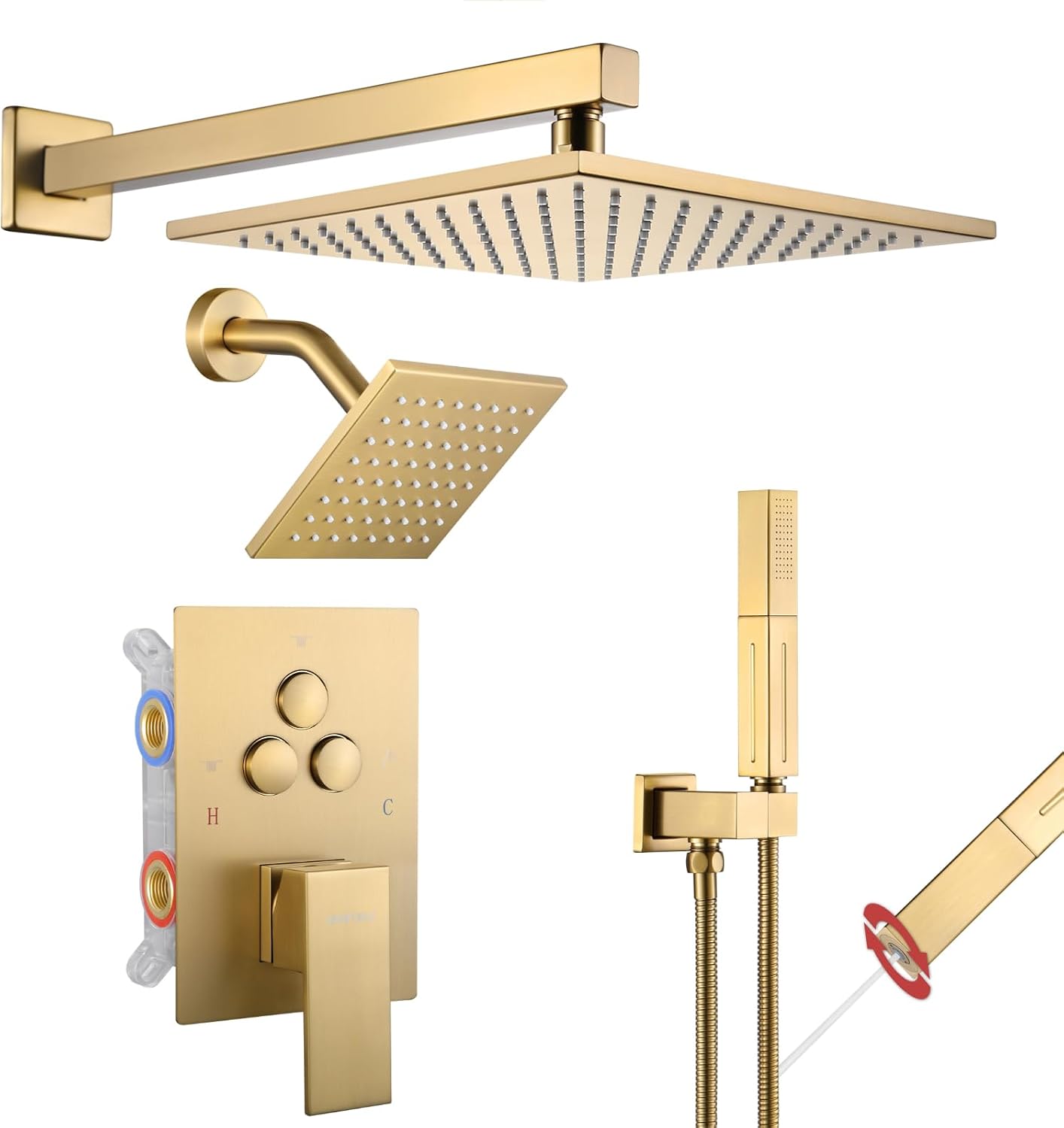 VANFOXLE Shower Faucet Set Brushed Gold Shower System, Push Button Diverter Shower Faucet with 2 in 1 Handheld, Wall Mount 10 Inch Shower Head Increased Thickness with 6 Inch Shower Head