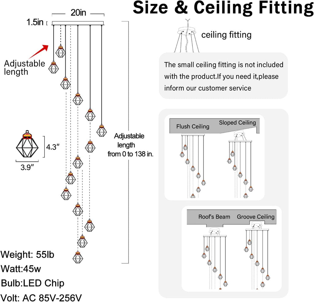 H138in Foyer Chandelier Staircase Chandeliers for High Ceiling Black Pendant Light Fixture 14-Lights Crystal Chandelier Lighting Fixture for Living Room Staircase Villa