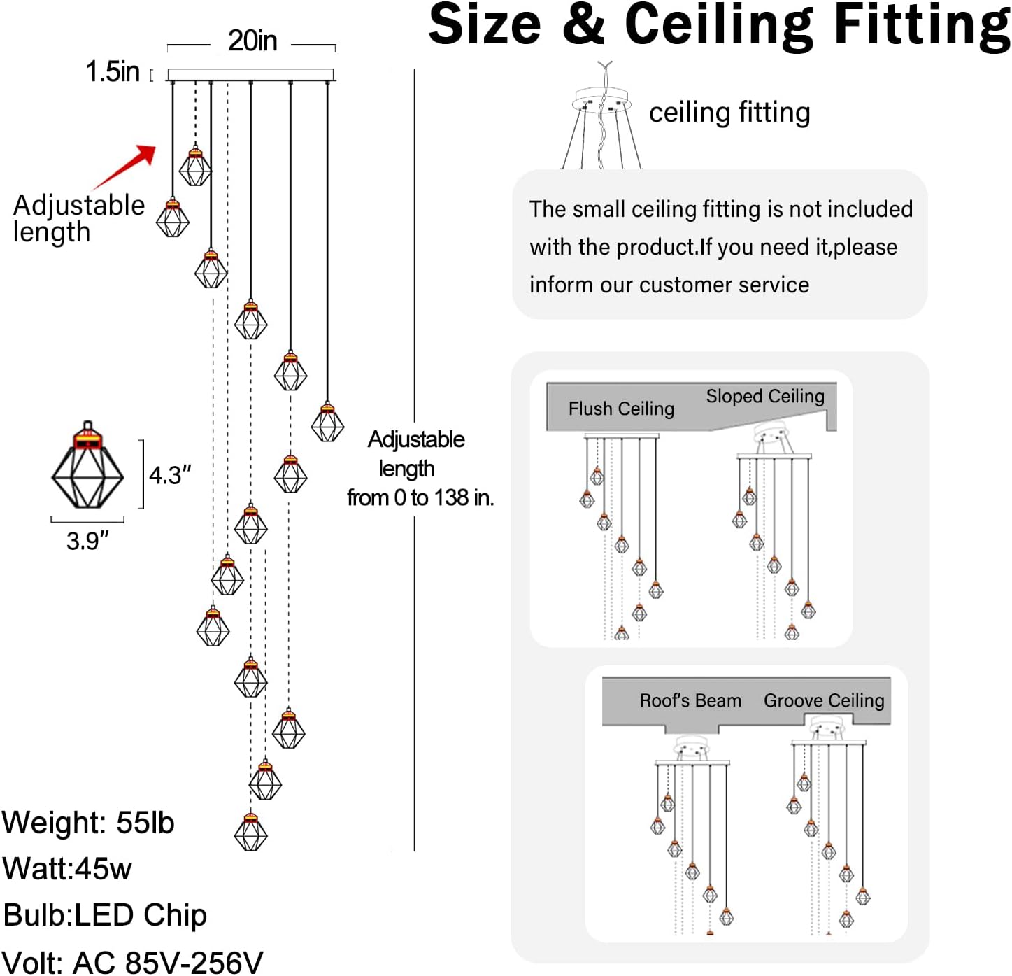 H138in Foyer Chandelier Staircase Chandeliers for High Ceiling Black Pendant Light Fixture 14-Lights Crystal Chandelier Lighting Fixture for Living Room Staircase Villa