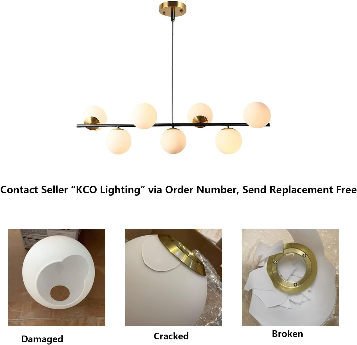 KCO 43.3' Black Gold Linear Glass Globe Sputnik Chandelier for Dining Room | 7-light milk glass globe, mid century modern Linear Pendant, sloped ceiling compatible, for Kitchen island,living room, study