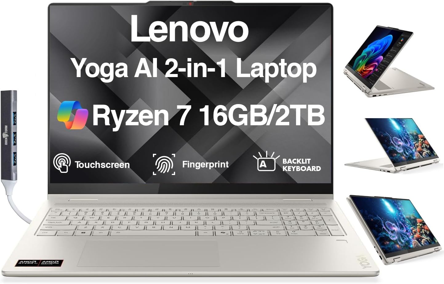 Lenovo Yoga AI Powered 2-in-1 Laptop 16.0' Touchscreen IPS WUXGA Display (AMD Ryzen AI 7 350, 16GB LPDDR5X, 2TB M.2 PCIe SSD, Backlit KB, Fingerprint, WiFi 7, Win 11 Pro) with DKZ USB Port Expander