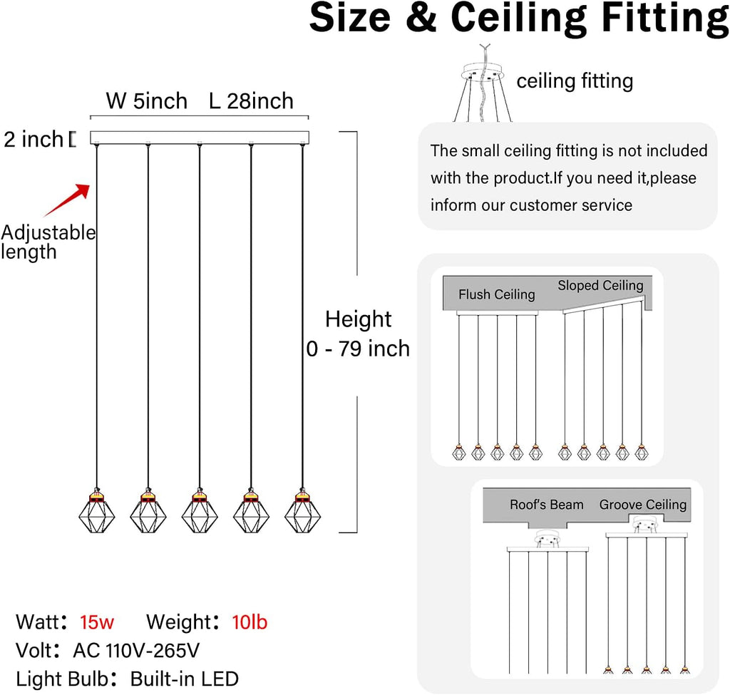 5-Lights Rectangular Pendant Light LED Dimmable Linear Crystal Chandelier Modern Rectangular Chandeliers for Dining Room Bedroom Black Hanging Light