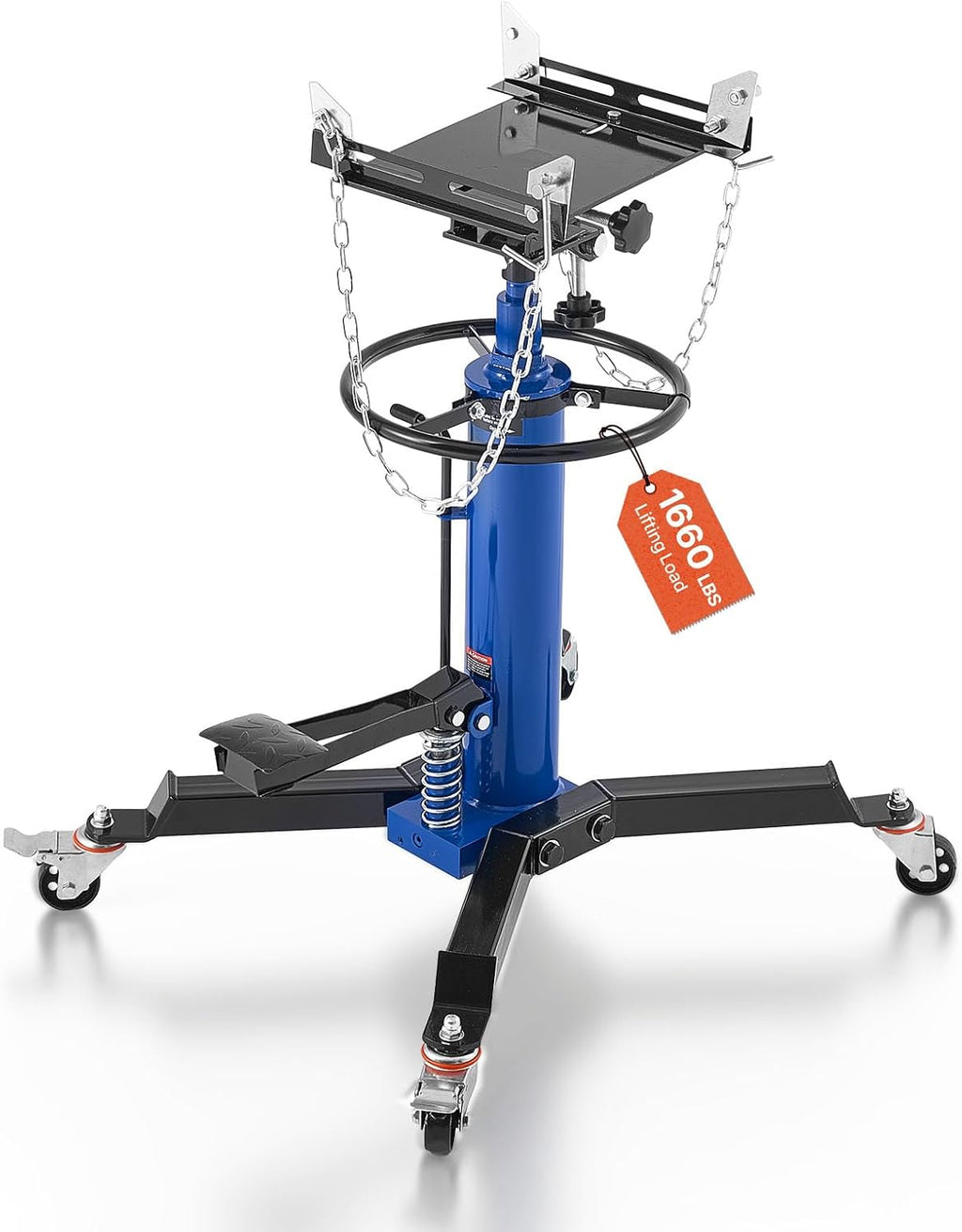 VEVOR Hydraulic Transmission Jack, 1660 lbs Capacity Hydraulic Telescopic Transmission Jack, 34.6-69.3 in High Lifting Height, 2-Stage Floor Jack Stand with Foot Pedal, 360° Swivel Wheel, Blue