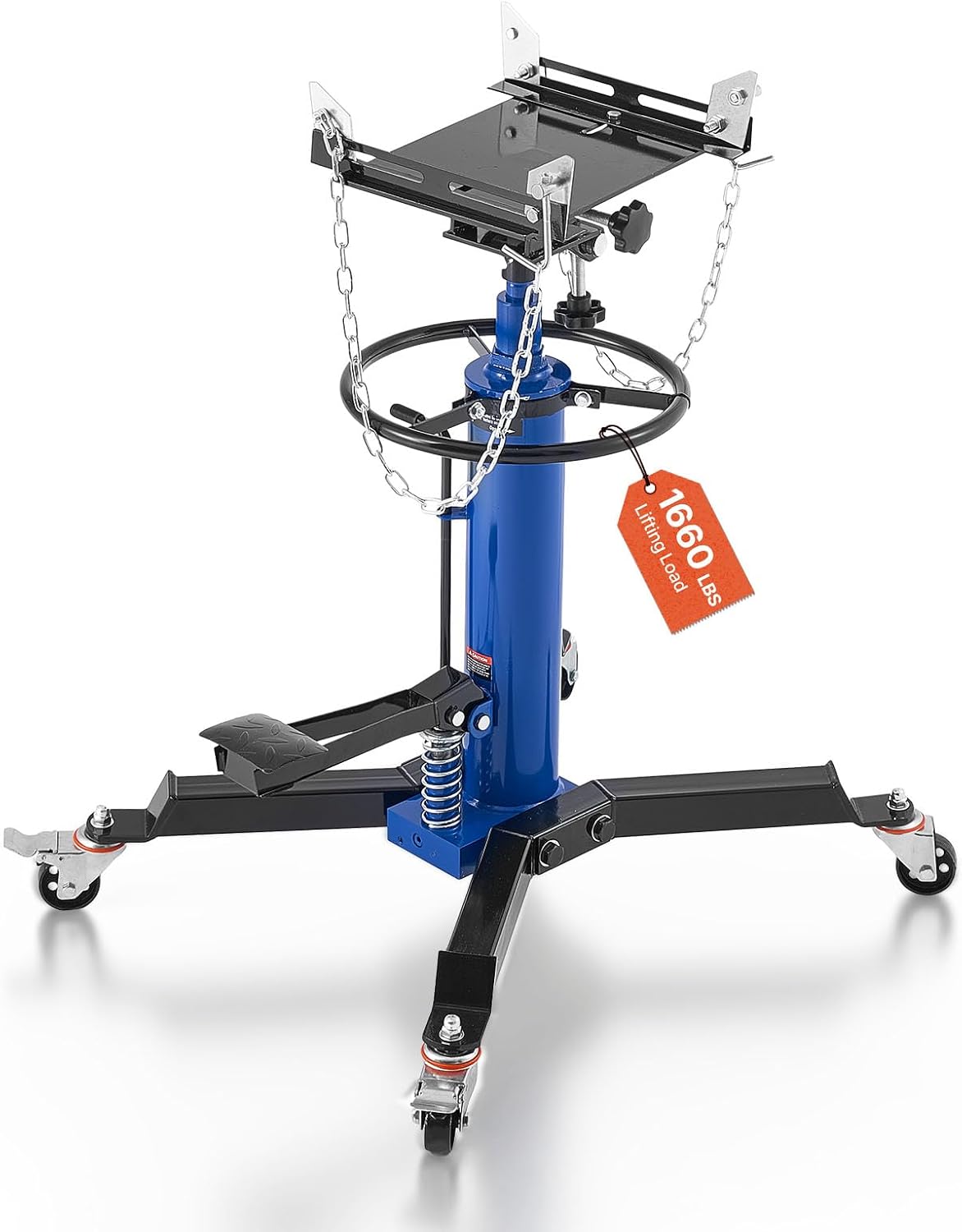 VEVOR Hydraulic Transmission Jack, 1660 lbs Capacity Hydraulic Telescopic Transmission Jack, 34.6-69.3 in High Lifting Height, 2-Stage Floor Jack Stand with Foot Pedal, 360° Swivel Wheel, Blue