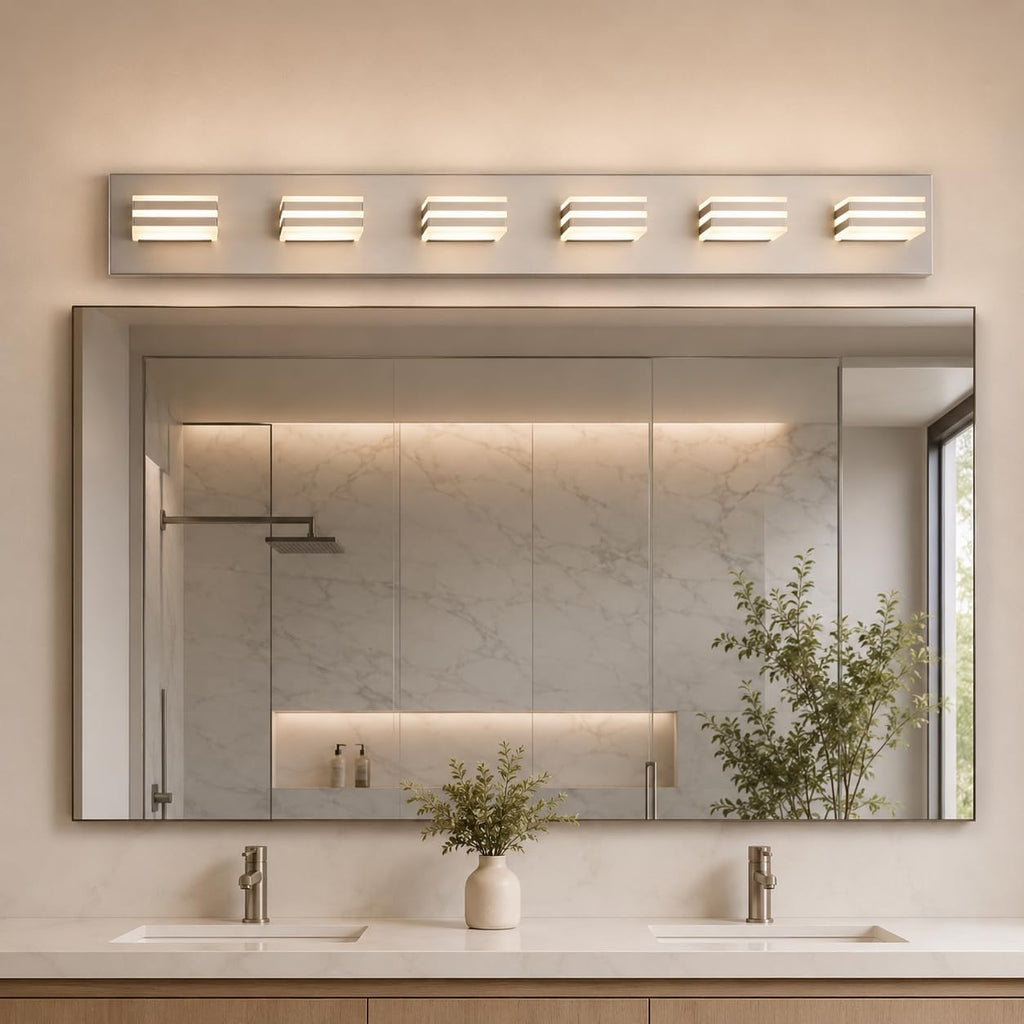 6-Light Brushed Nickel Vanity Light for Double Sink Bathroom, 41 Inch 48W 5CCT Dimmable LED Over Mirror Wall Fixture, Hardwired Light with Clear Acrylic Shade