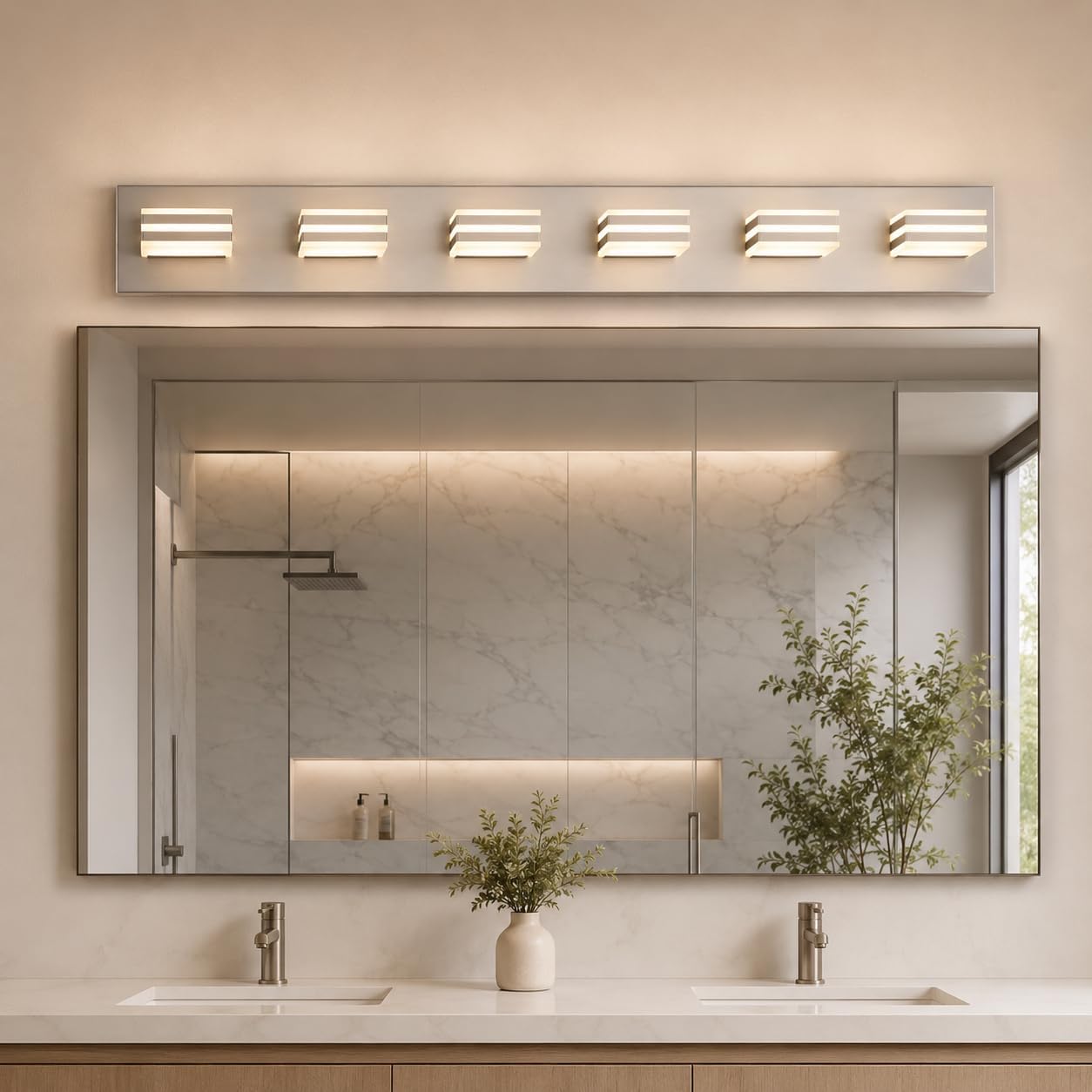 6-Light Brushed Nickel Vanity Light for Double Sink Bathroom, 41 Inch 48W 5CCT Dimmable LED Over Mirror Wall Fixture, Hardwired Light with Clear Acrylic Shade
