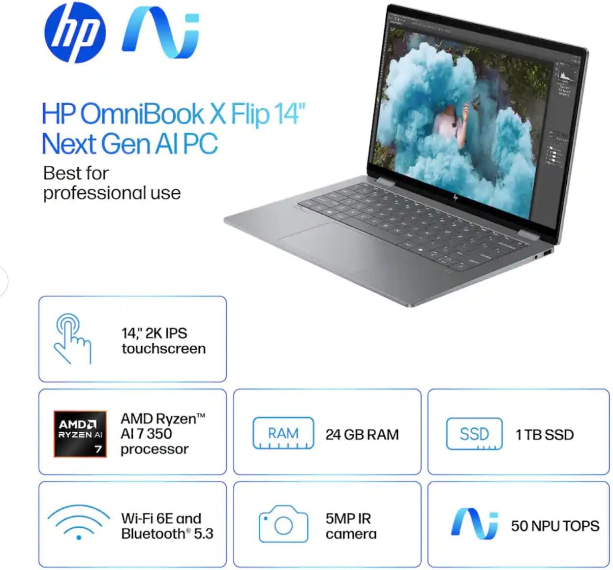 HP OmniBook X Flip 2-in-1 Laptop 14' WUXGA IPS Touchscreen 8-Core AMD Ryzen AI 7 350 24GB LPDDR5 1TB SSD AMD Radeon 860M Graphics Wi-Fi 6E Backlit Keyboard Win11 W/Stylus Pen