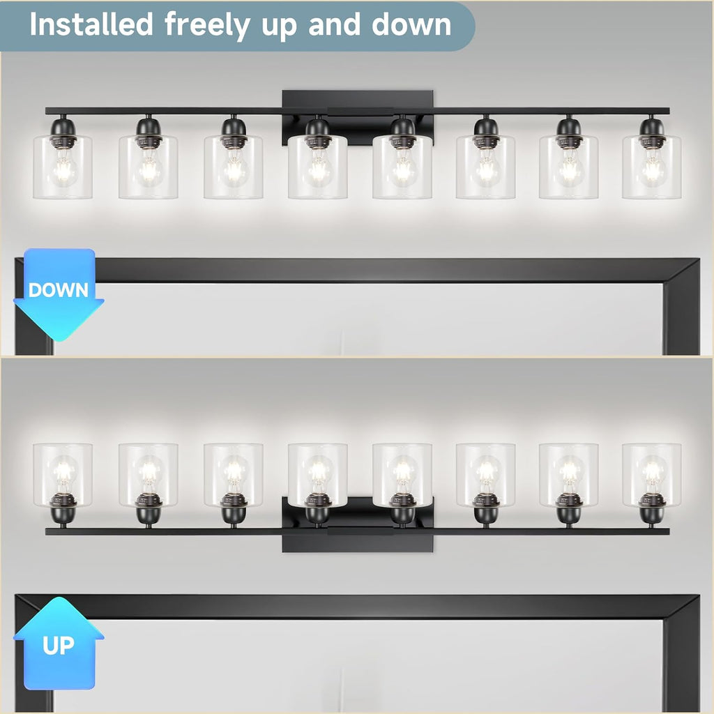 Bath Vanity Lights for Mirror, Restroom Lights Fixtures with Milky White Frosted Glass Shades,Bathroom Over Sink Light Fixtures (Black & Clear Glass, 8-Light)