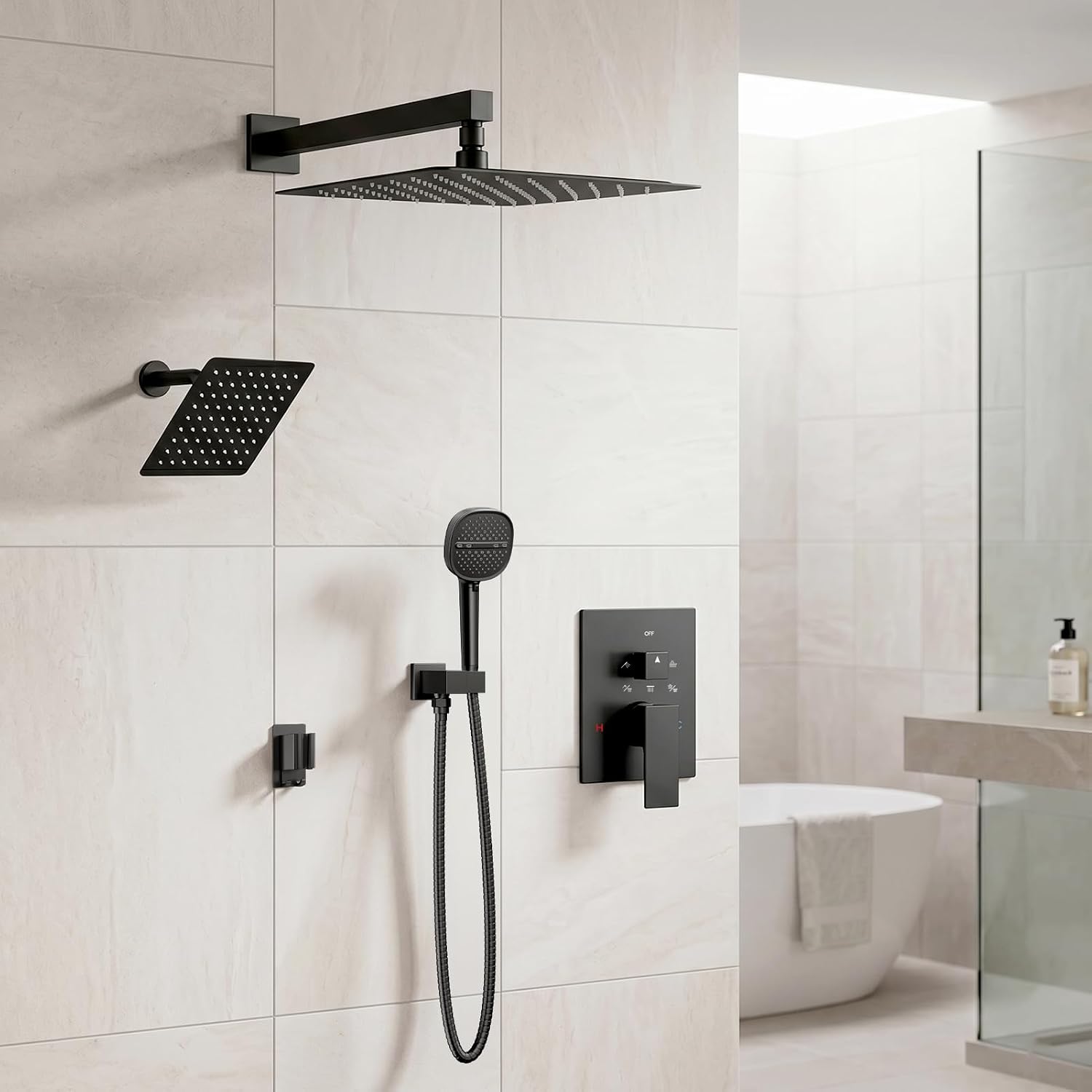 Shower System Matte Black Shower Faucet Sets, Dual Head Shower Set STARBATH 12'' +6'' Wall Mount Rainfall Shower Systems with Multifunctional Filtered Handheld Sprayer for Two Person