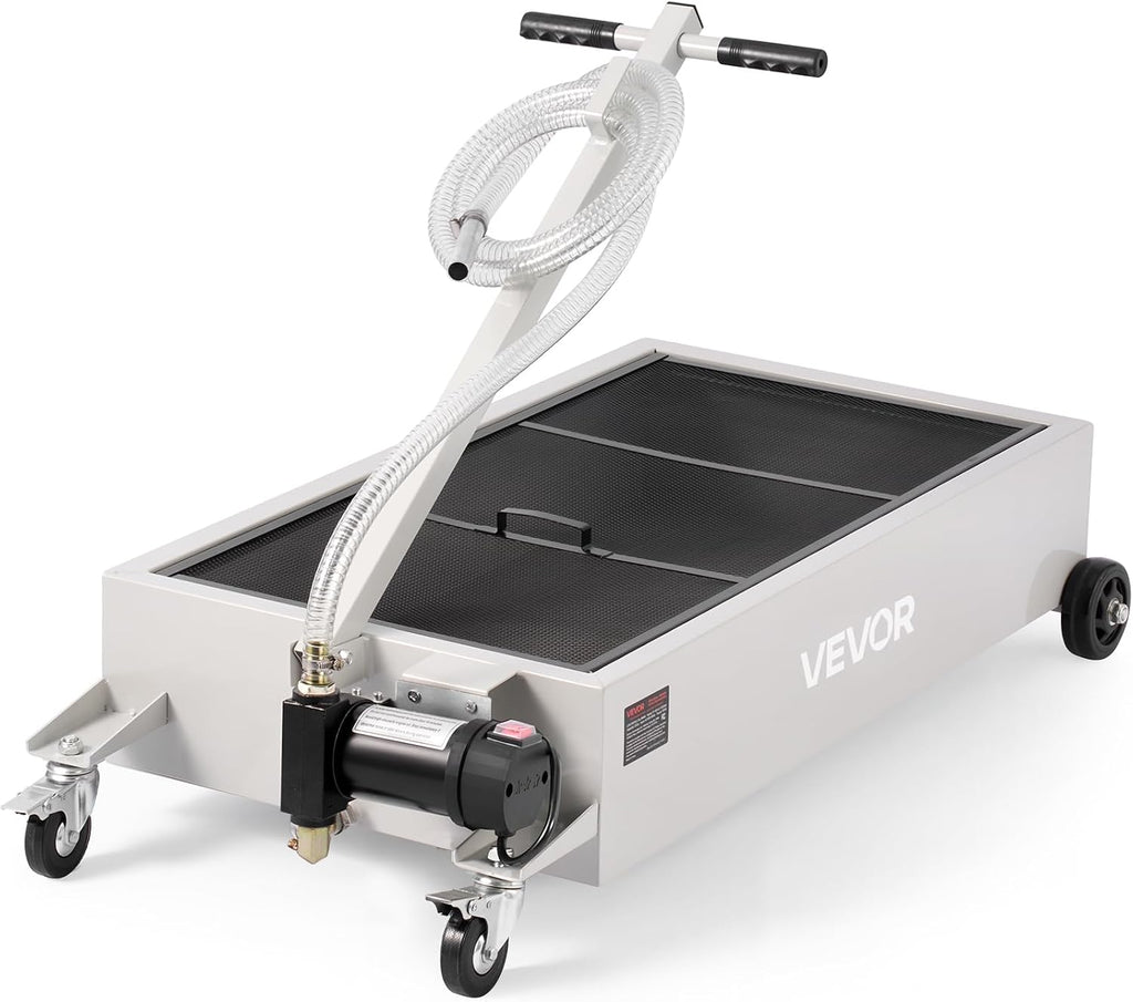 VEVOR Low Profile Electric Oil Drain Pan, 20 Gal Capacity, Rolling Oil Drain Pan with 110V High-Flow Pump, 7.2 ft Hose & T Folding Handle, Leak-proof & Corrosion-resistant, Fit for Trucks, ATVs, White