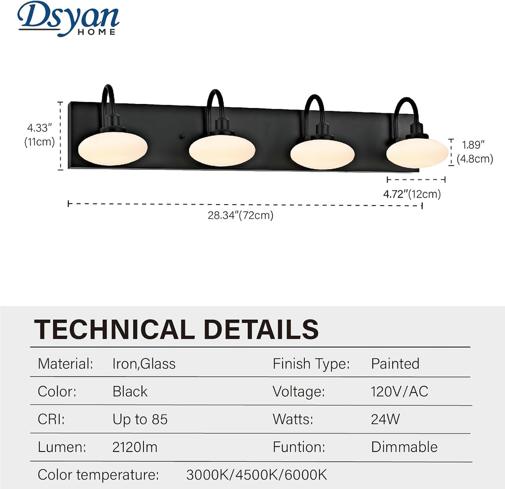 Matt Black LED Vanity Light Fixture - 4-Light Wall Sconce for Bathroom Over Mirror, Modern Hallway Cloakroom Lighting, 3000K-6000K Selectable, Dimmable