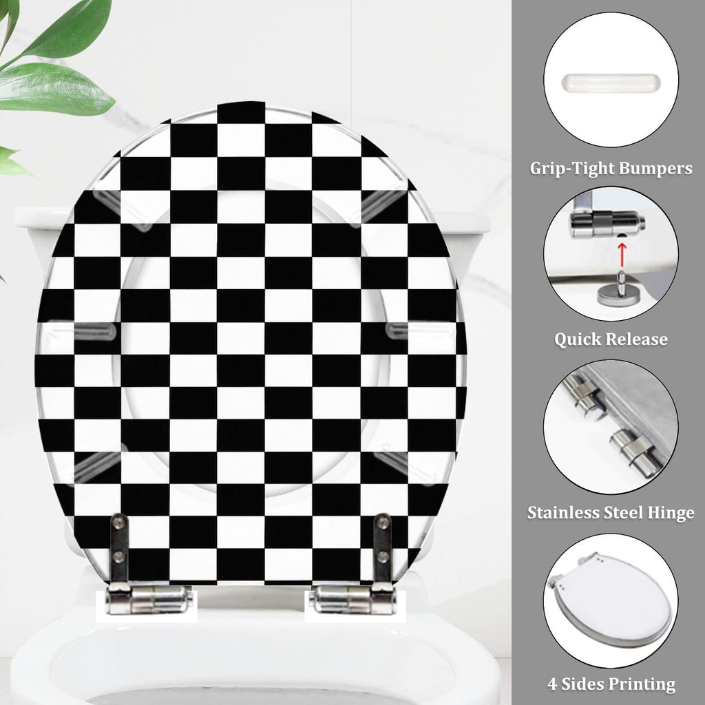 Round Toilet Seat Checkerboard black white for checkers chess featuring square pattern Resin Toilet Seat Quietly Close Quick Release Hinges with Cover Bumpers Decorative Easy to Install Clean