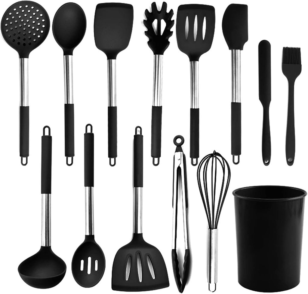Marycan Silicone Cooking Utensils Set, Stainless Steel Handle Kitchen Utensils Set with Holder, Silicone Cooking Gadgets(Black)