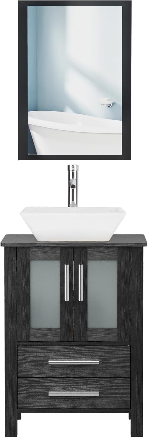 UEV 24' Black Bathroom Vanity with Ceramic Vessel Sink, Modern Bathroom Vanity Cabinet, Pop Up Drain and 30% Water-Saving Design, Faucet, Soft Closing Drawers/Doors, Mirror Not Included(A07)