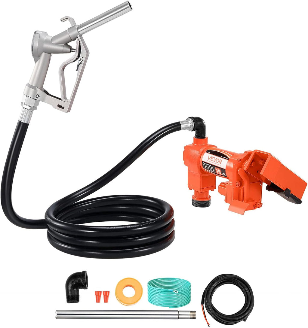 VEVOR Fuel Transfer Pump, 12V DC 16 GPM 1/4 HP Diesel Pump, Extractor Pumps with Manual Nozzle, Discharge Hose and Suction Pipe, for Gasoline, Diesel, Kerosene, Ethanol-Methanol Blends & Biodiesel