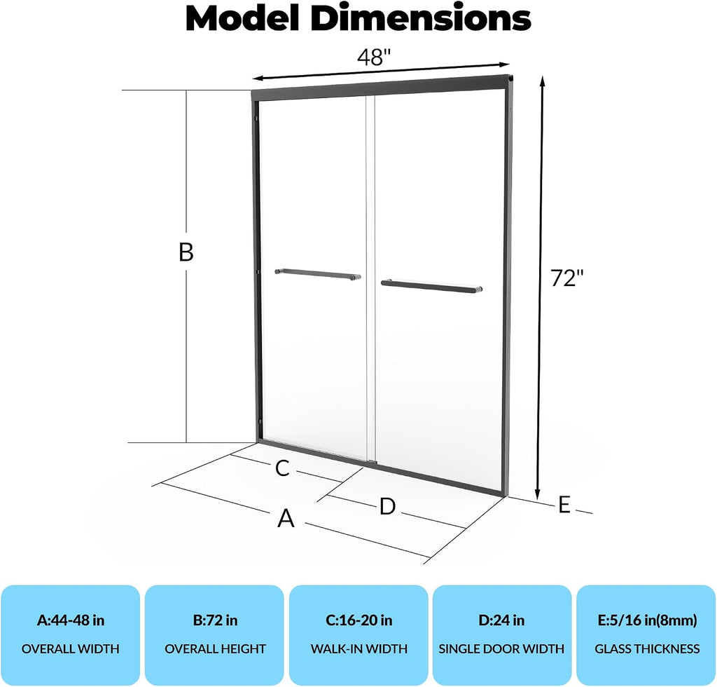 Sliding Shower Door 44–48 Inch W x 72 Inch H, Sliding Shower Doors with Matte Black Aluminum Frame, Tempered Glass Panels, Easy-Clean Coating, Sliding Door for Bathroom