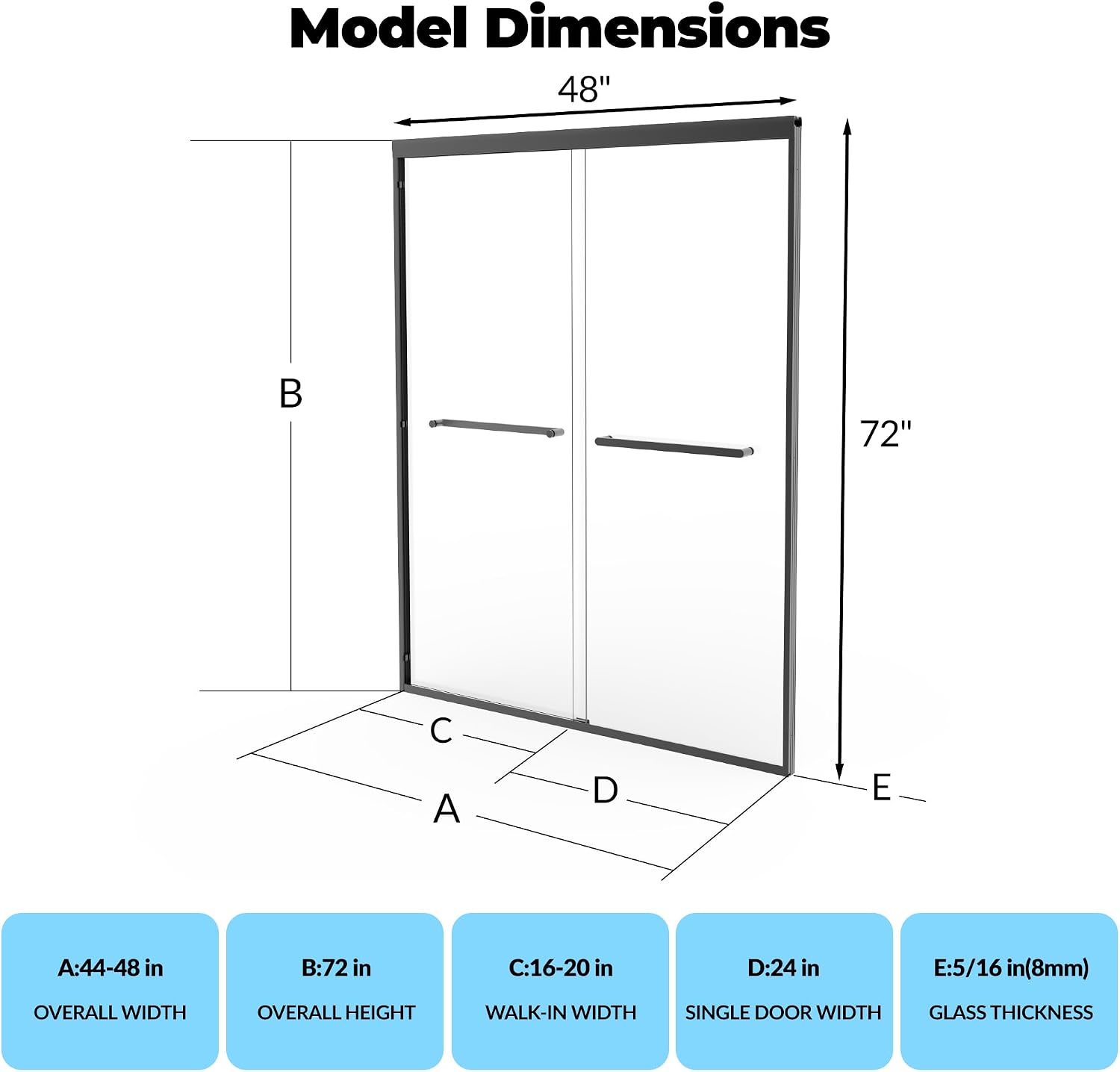 Sliding Shower Door 44–48 Inch W x 72 Inch H, Sliding Shower Doors with Matte Black Aluminum Frame, Tempered Glass Panels, Easy-Clean Coating, Sliding Door for Bathroom