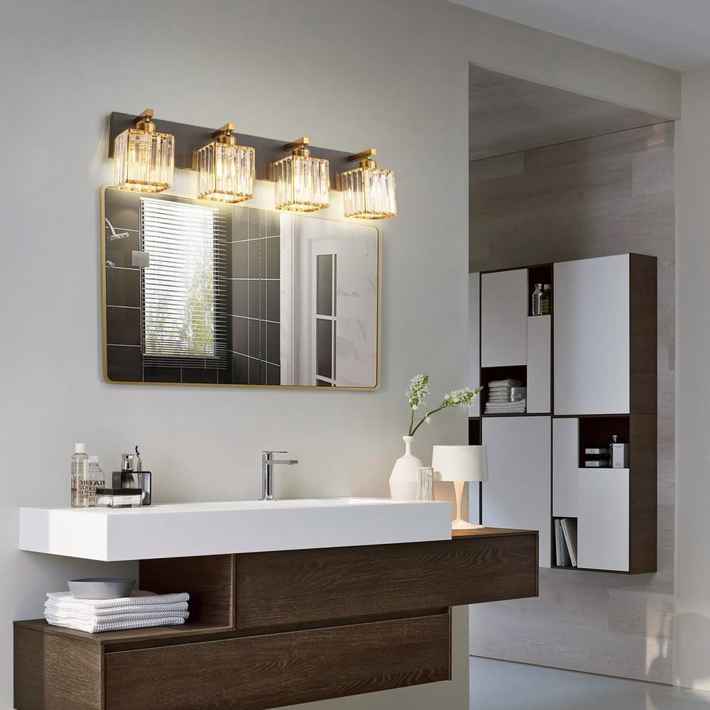 4-Light Antique Bathroom Vanity Lights - Black d Modern Fixtures with Square Clear Crystal Shades, Farmhouse Wall Lamp for Dressing Table & Mirror Lighting.