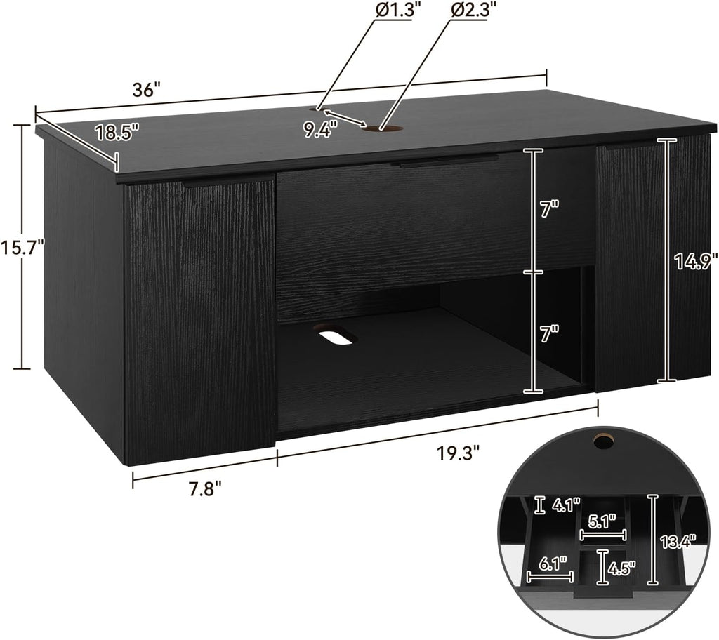 36 Inch Black Floating Bathroom Vanity with 2-Doors and 1-Drawer, Modern Wall Mounted Cabinet with Square Black and White Ceramic Vessel Sink