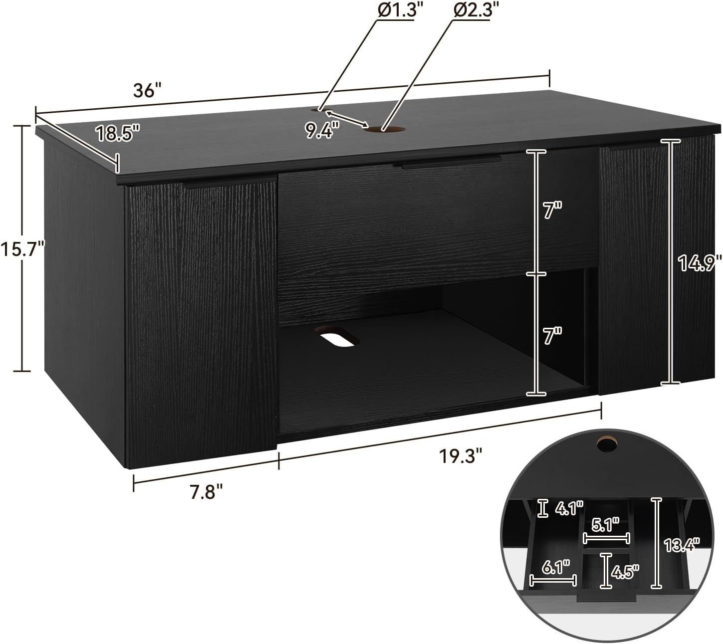 36 Inch Black Floating Bathroom Vanity with 2-Doors and 1-Drawer, Modern Wall Mounted Cabinet with Square Black and White Ceramic Vessel Sink