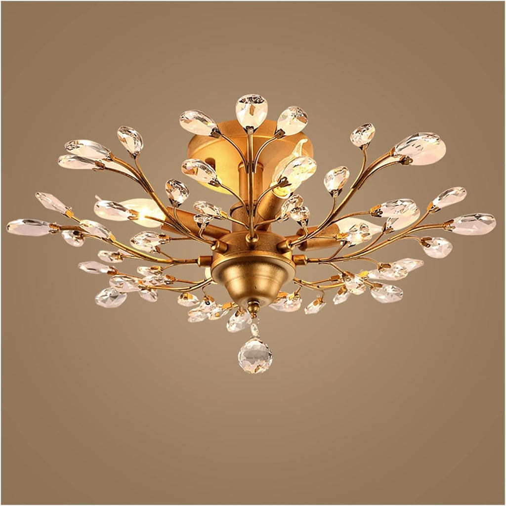 Chandeliers, V-intage Crystal Branches Chandelier Wrought Iron Ceiling Light Flush Mounted Fixture with 4 Light for Living Room Bathroom Bar Loft Club(Bronze)