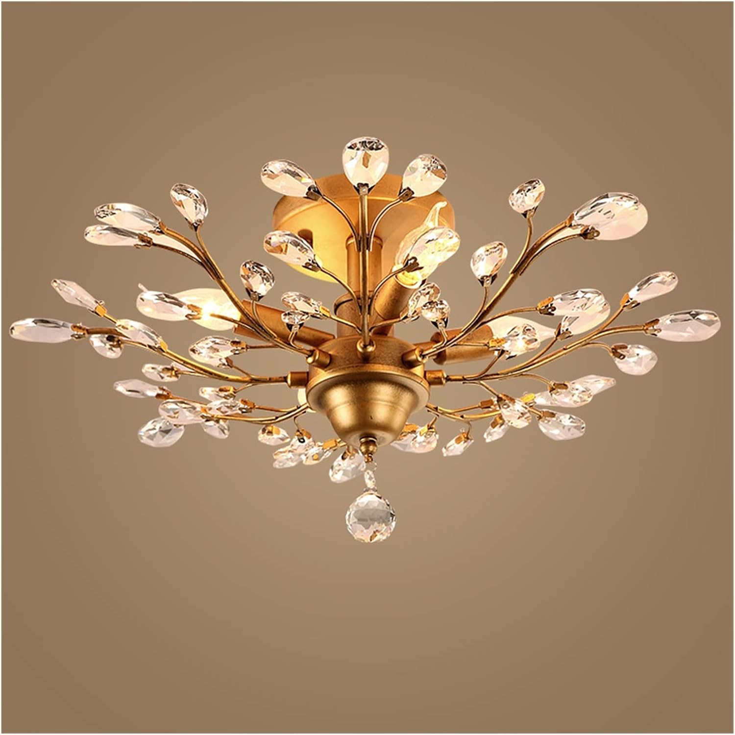 Chandeliers, V-intage Crystal Branches Chandelier Wrought Iron Ceiling Light Flush Mounted Fixture with 4 Light for Living Room Bathroom Bar Loft Club(Bronze)