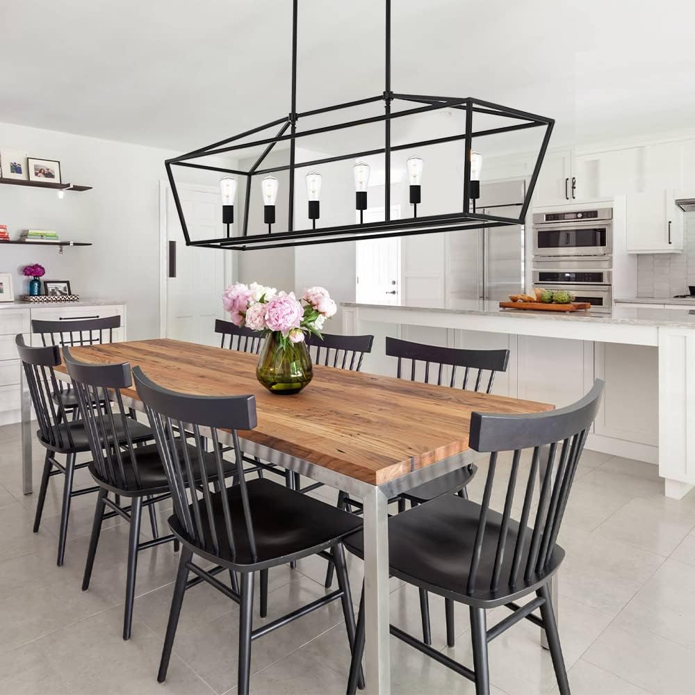 BONLICHT 6-Light Linear Farmhouse Chandelier in Matte Black Finish Industrial Kitchen Island Pendant Lighting Ceiling Hanging Lamp for Dining Room Stairway Living Room