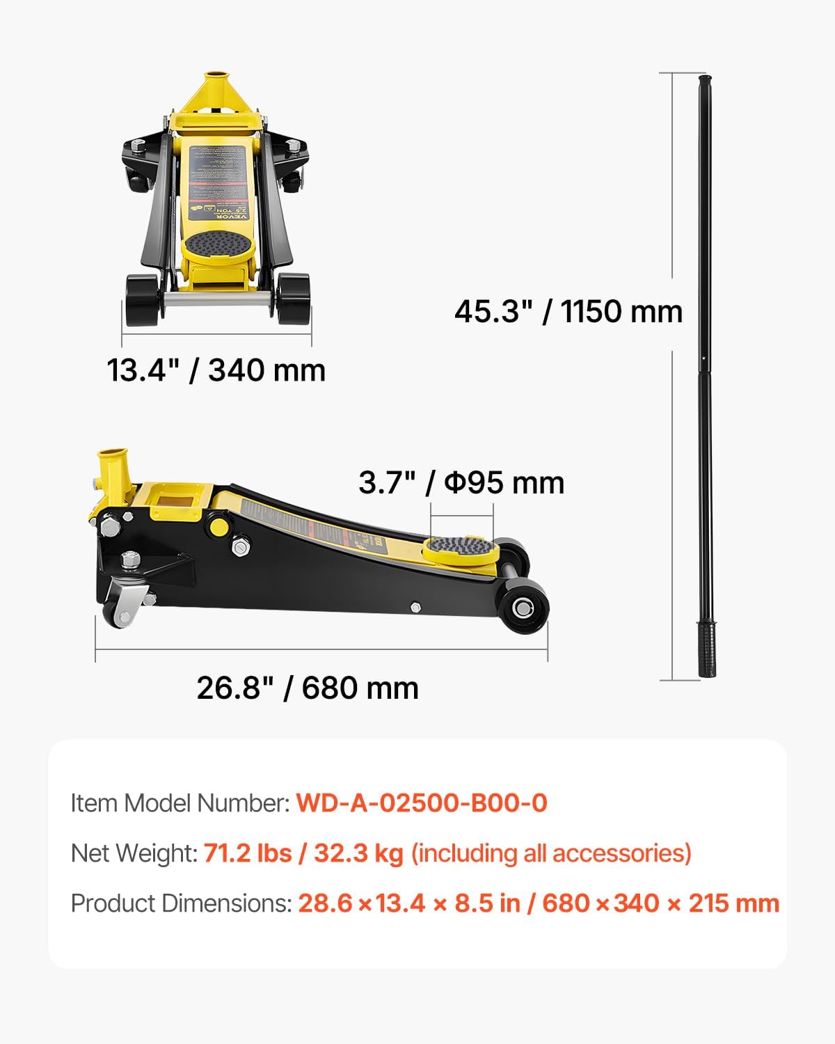 VEVOR 2.5 Ton Low Profile, Heavy-Duty Steel Racing Floor Jack with Dual Pistons Quick Lift Pump, Lifting Range 3.64'-19.49'