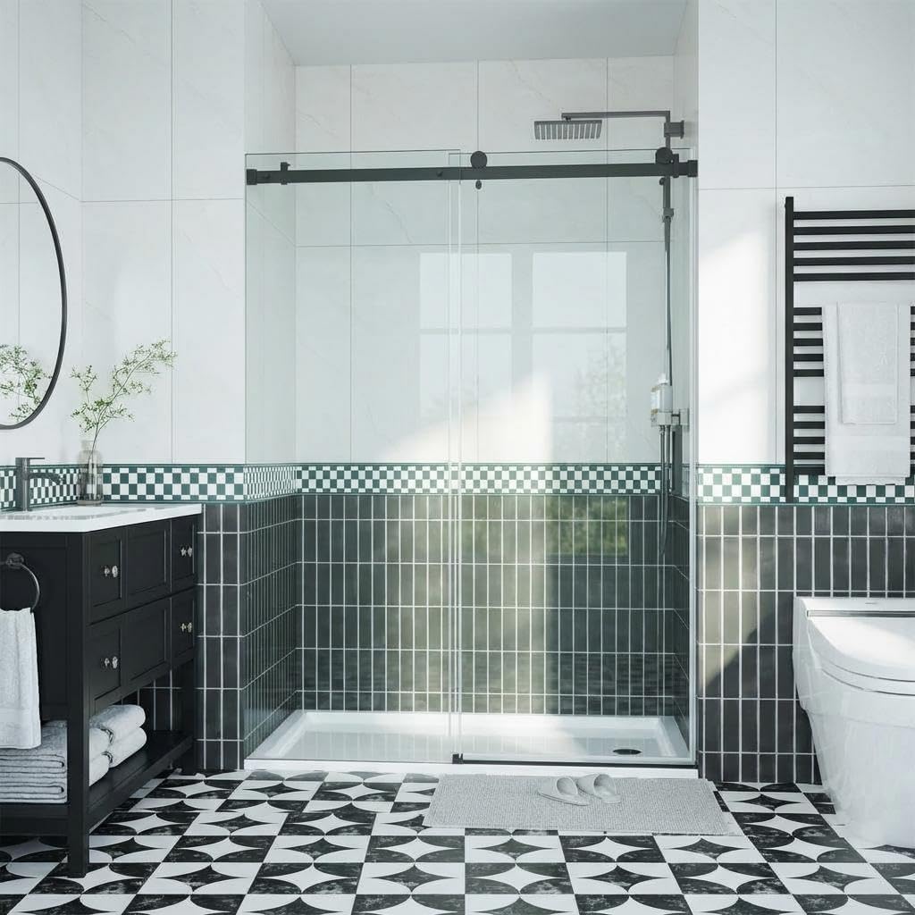 Frameless Sliding Glass Shower Door 44–48 Inch W x 76 Inch H, Shower Sliding Glass Door with Fixed Panel, 8mm Tempered Glass, Square Rail, Matte Black Shower Glass Door
