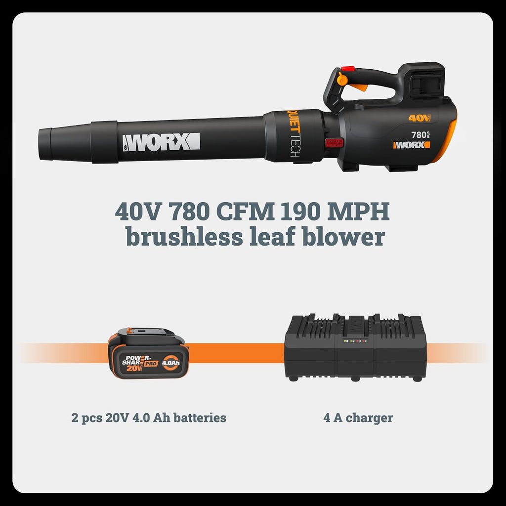 WORX Cordless Leaf Blower, Electric Blower with 780 CFM & 190 MPH, Brushless Lawn Blower with Gas-Like Power & 57 dB, 2 × 4.0 Ah Batteries & Charger Included, WG582