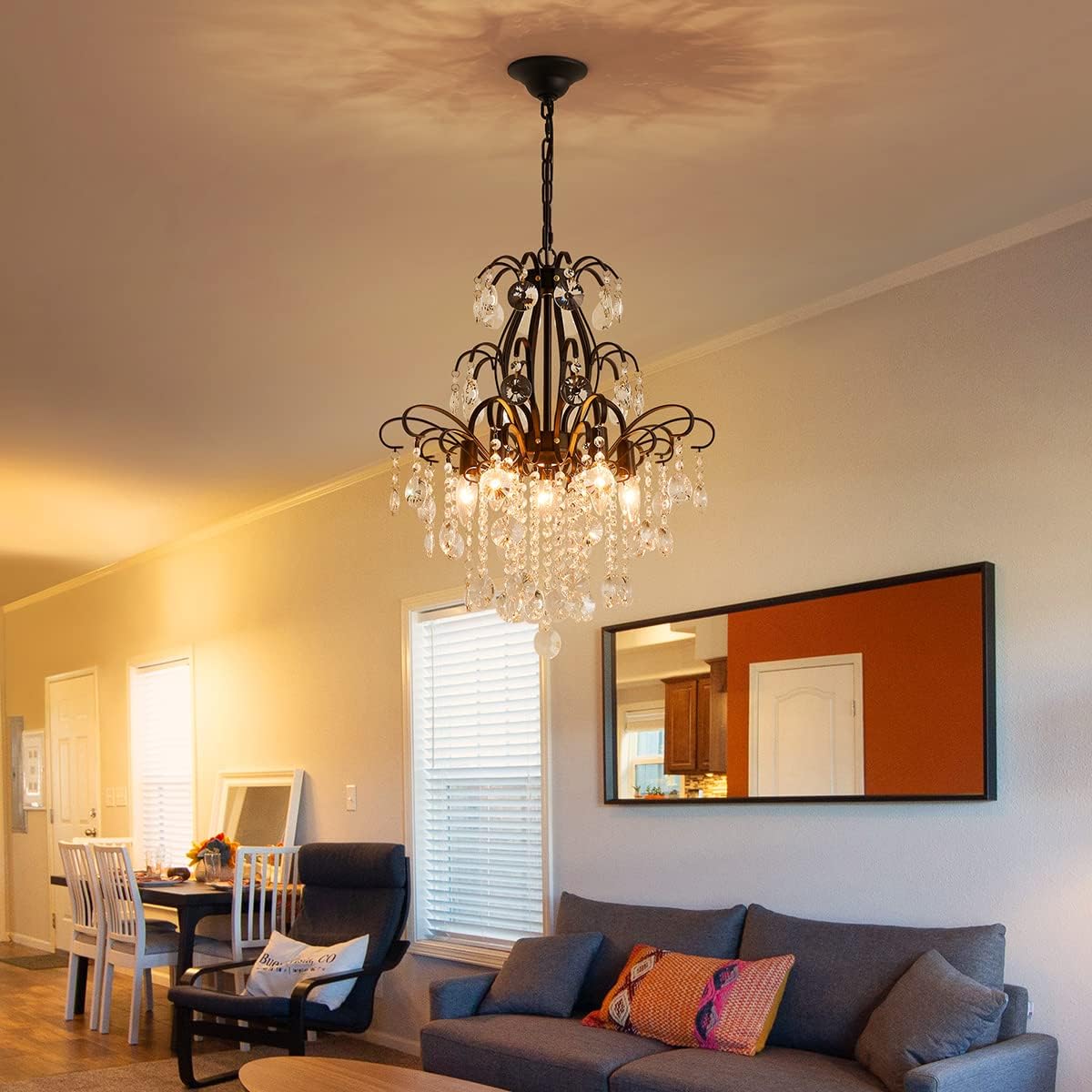 WUZUPS Crystal Chandelier 5-Light Pendant Ceiling Light Modern Lighting Fixture for Bedroom Hallway Bar Kitchen Bathroom, H 22.6'' x W 19.2'', E12 Base, Black