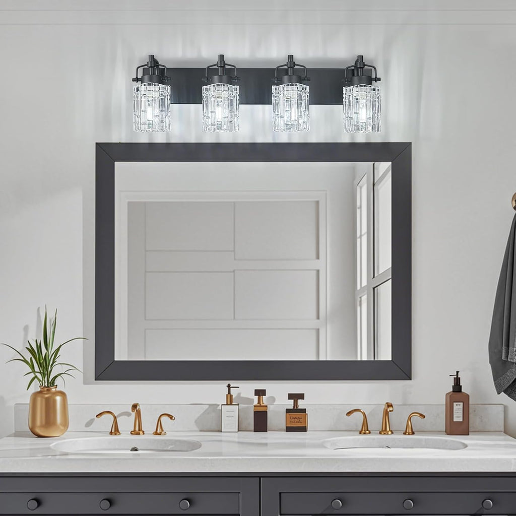 4 Light Crystal Glass Vanity Light, Black Bathroom Lighting Fixtures Over Mirror Modern Bath Wall Sconce Lighting for Bedroom Living Room