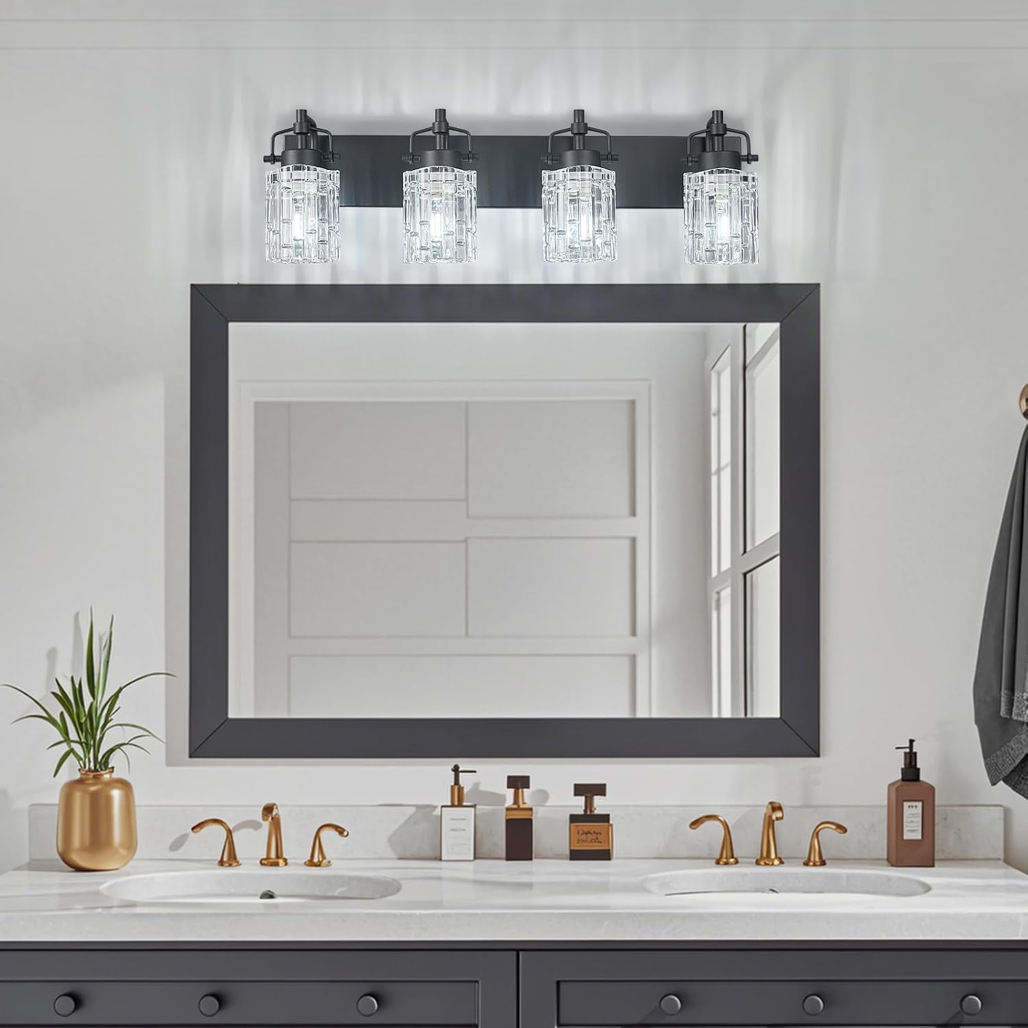 4 Light Crystal Glass Vanity Light, Black Bathroom Lighting Fixtures Over Mirror Modern Bath Wall Sconce Lighting for Bedroom Living Room
