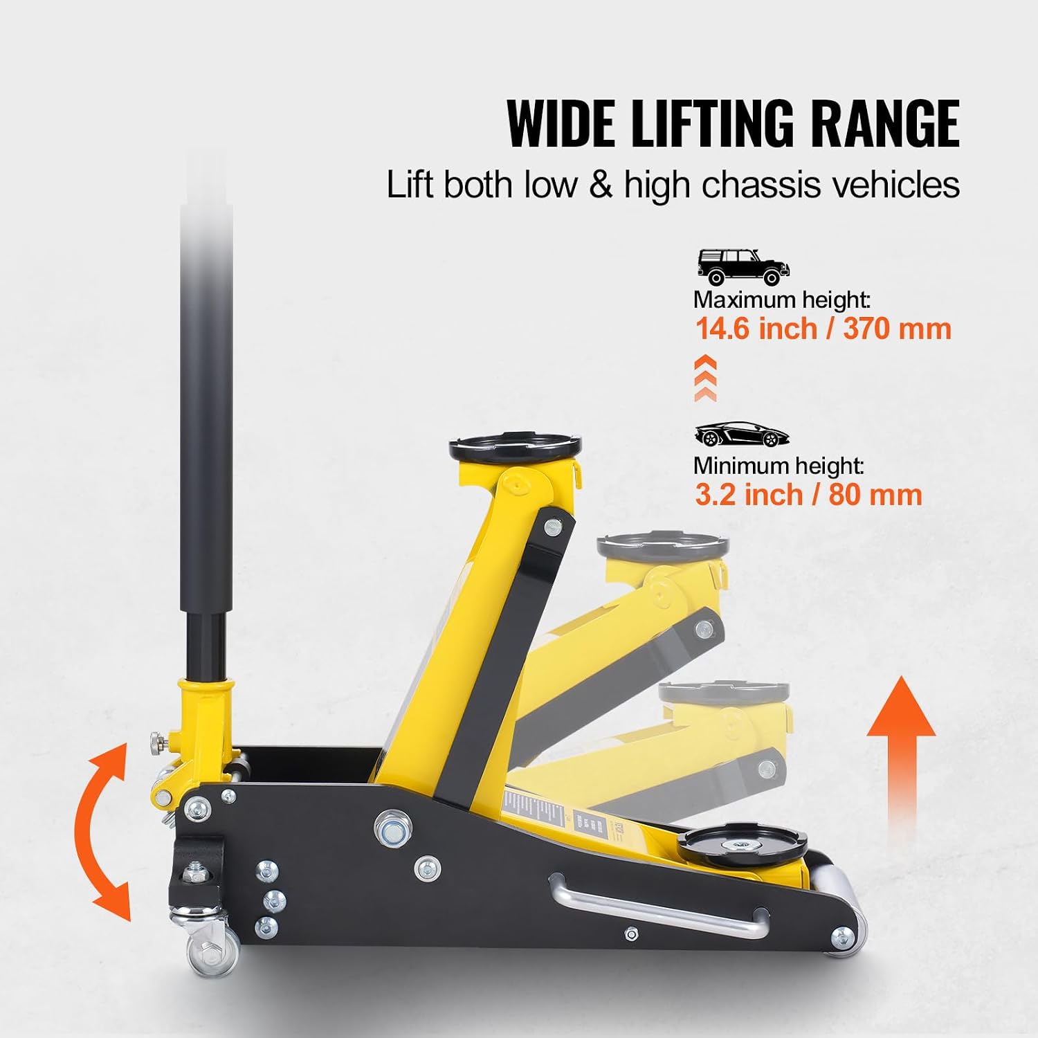 VEVOR Low Profile Floor Jack 2 Ton (4400 lbs), Heavy Duty Aluminum Hydraulic Racing Floor Jack, Hydraulic Car Jack, Dual Piston Quick Lift Pump, 3.2'-14.6' Height Lifting Range (Yellow)