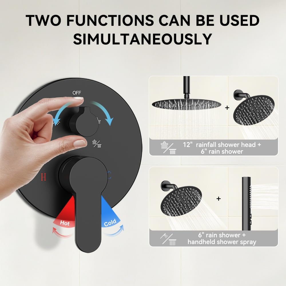 Shower Systems Shower Faucet Sets STARBATH 3 Way 12+6' Round Dual Rainfall Shower Head with Handheld Spray Combo, Ceiling Mounted Rain Shower Valve with 5 Diverter and Trim Kit Complete, Matte Black