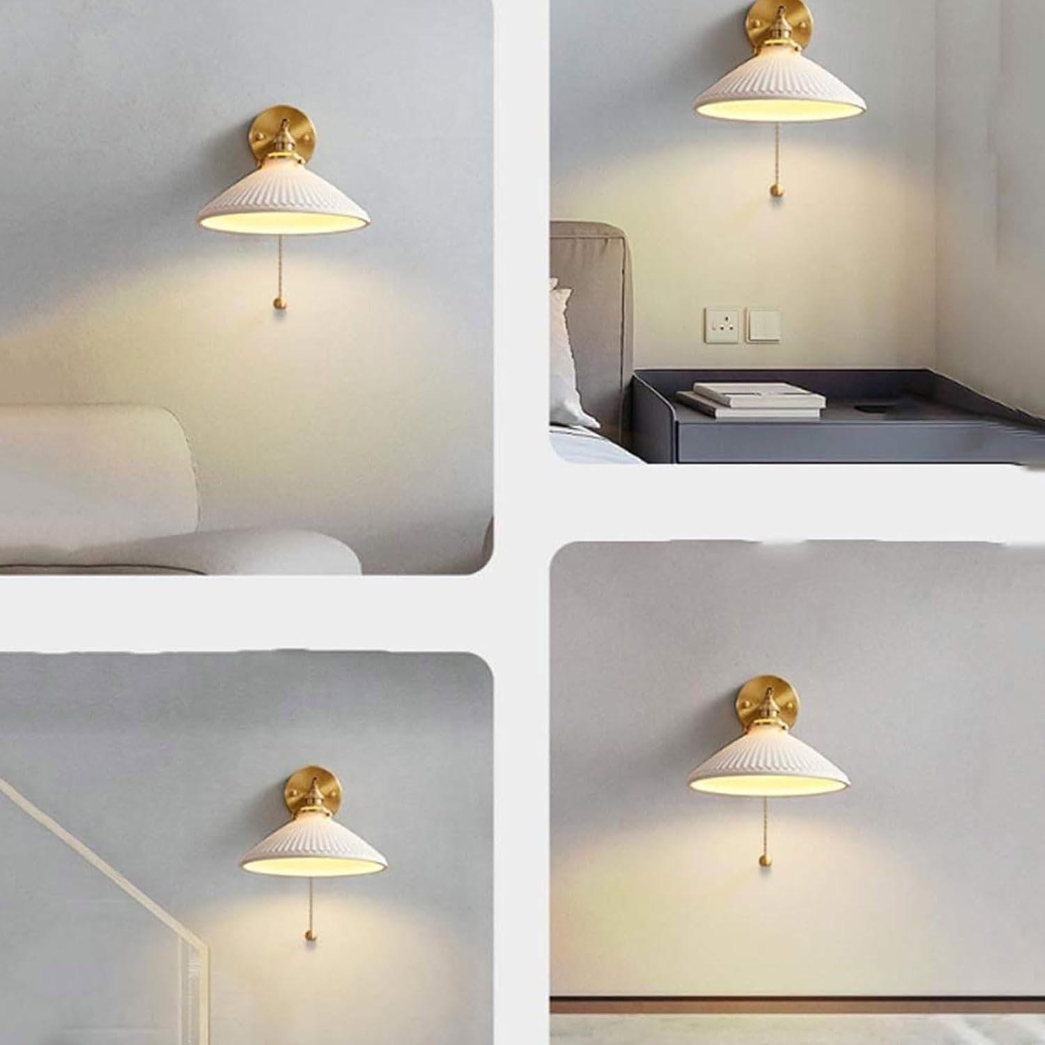 Vintage Ceramic Wall Sconce with Pull Cord Switch, Brass Wall Light Fixture, E27 Bedside Lamp for Living Room, Dining Room, Bedroom, Study - 1 Pack/2 Pack (2 Pack)