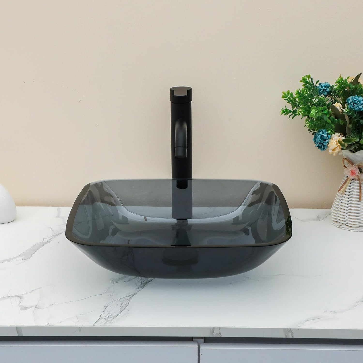 Sarlai Bathroom Vessel Sink Tempered Glass Bowl Vessel Sink with Pop-up Drain Combo 16x16 Inch Grey Rectangular Countertop Bathroom Sink Basin